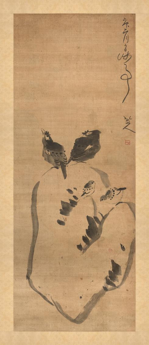 湖石聚禽图立轴