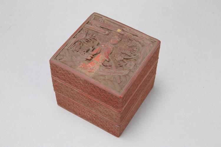 剔红山水人物图二层圆套盒