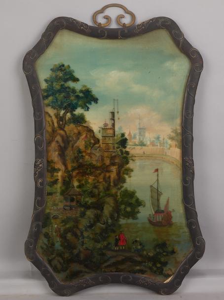 紫檀木边画玻璃山水图挂屏