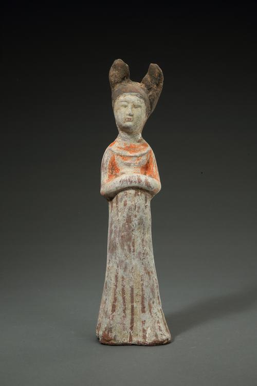 陶画彩拱手女立俑