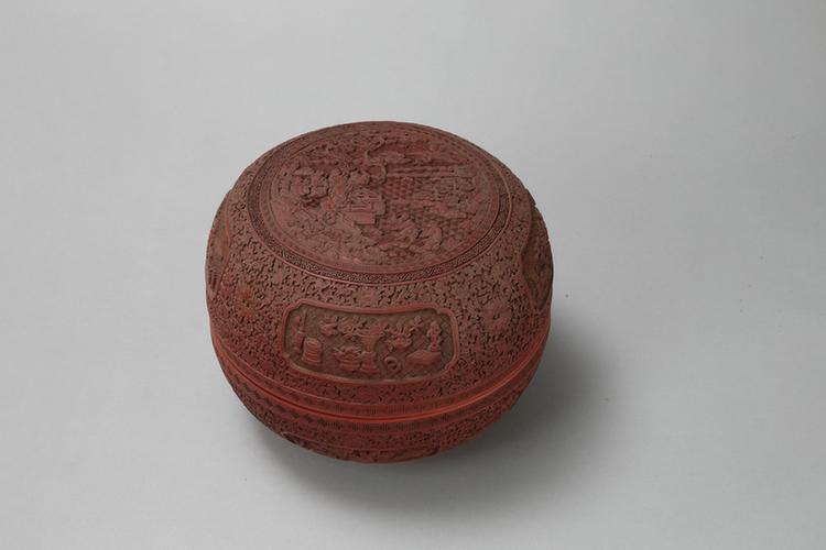 剔红八仙祝寿图开光博古纹圆盒