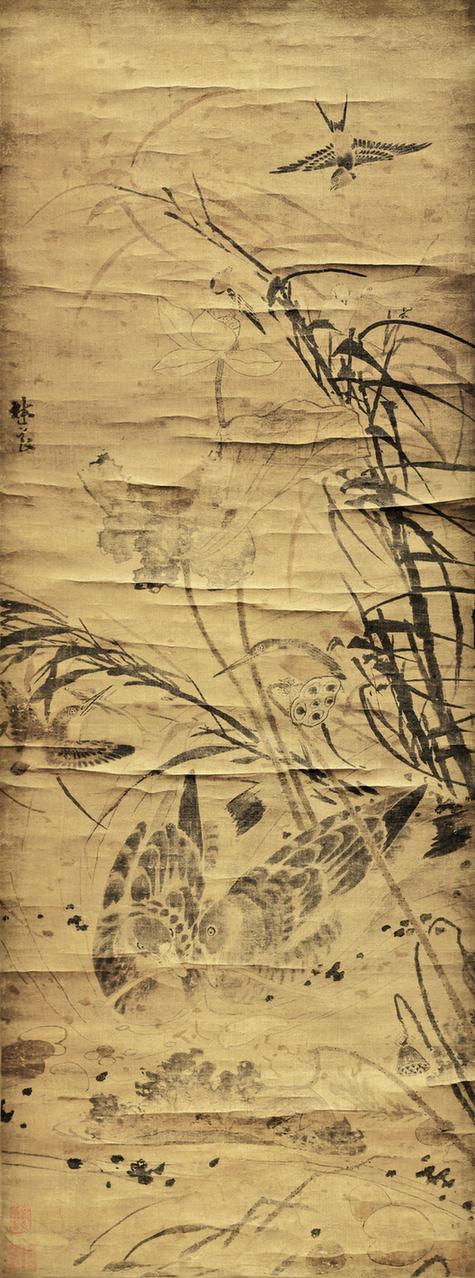 荷塘集禽图轴