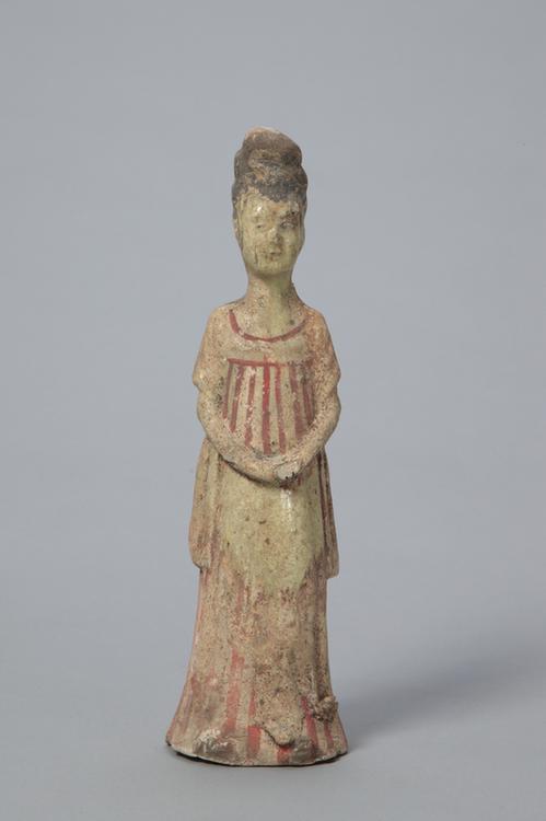 陶黄釉画彩拱手女立俑