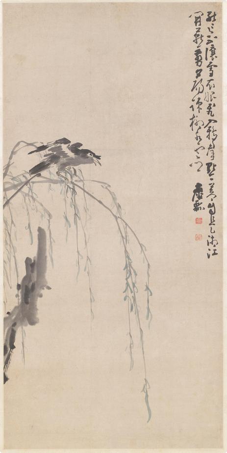 疏柳鸣禽图轴