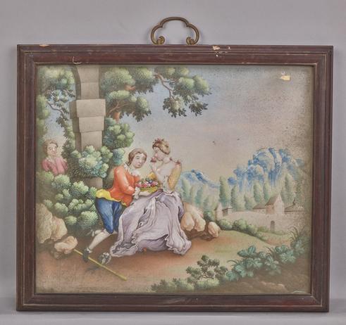 紫檀木边画珐琅人物图挂屏