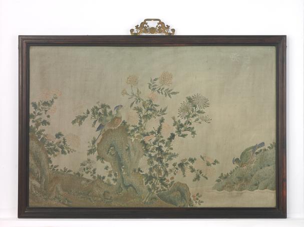 紫檀木边缂丝花鸟图挂屏