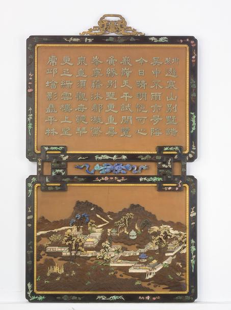 紫檀木边漆地嵌玉牙亭阁图双联挂屏