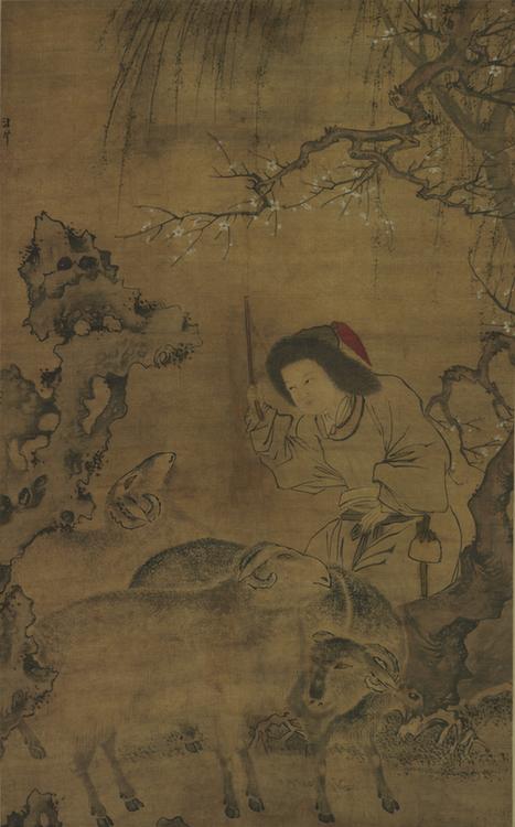 汪肇设色婴羊图轴