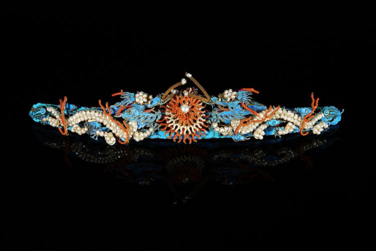 银镀金点翠嵌珠双龙纹长簪