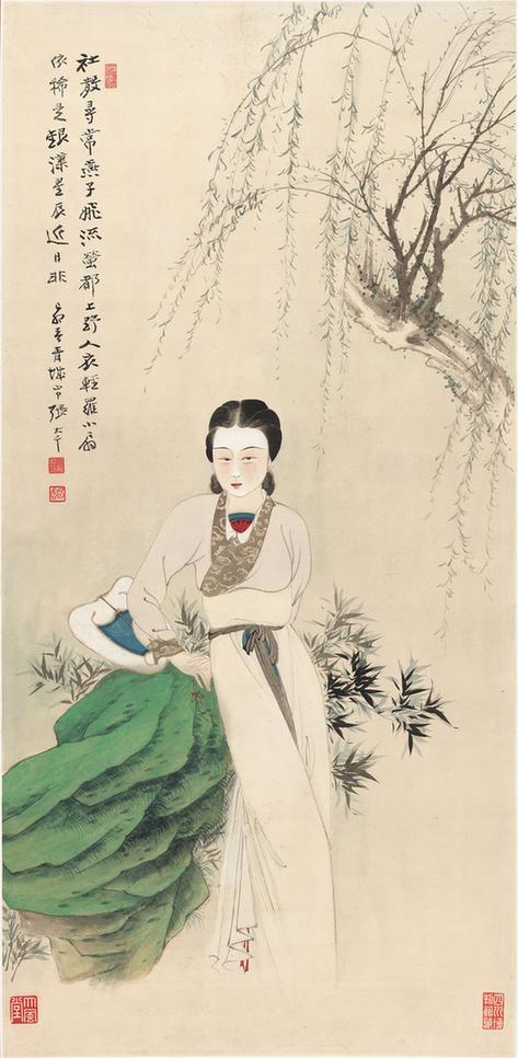 张大千柳荫仕女图