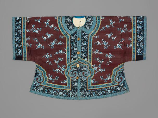 绛色缂丝枝梅纹珍珠毛皮对襟马褂