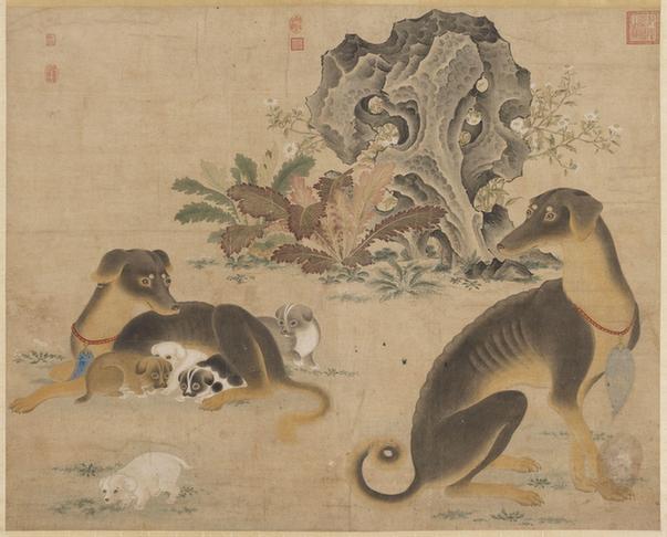 无款花阴卧犬轴