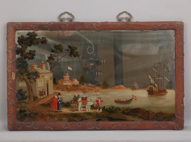 紫檀木边画玻璃人物图挂屏