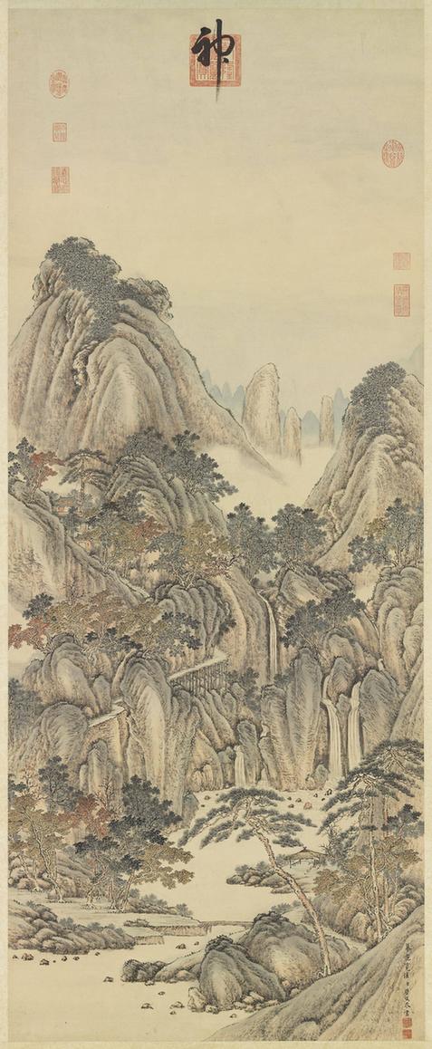 仿范宽秋山瀑布轴