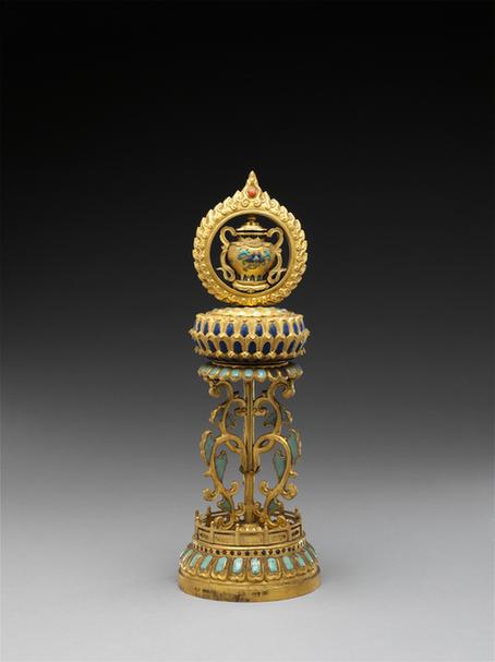 铜鎏金嵌玻璃八宝-罐