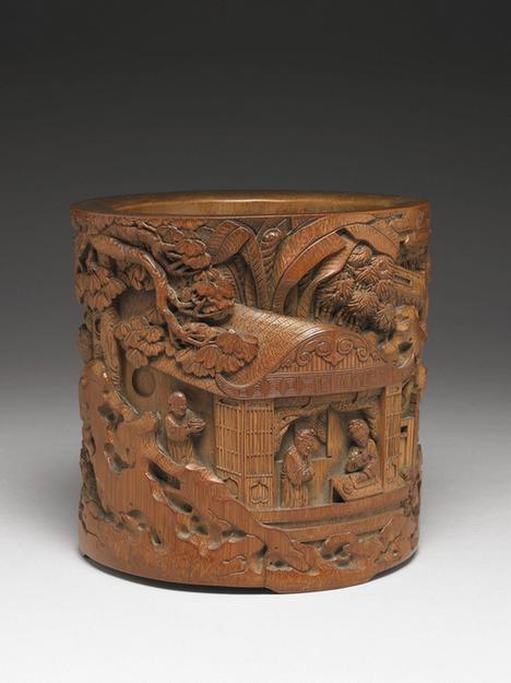 雕竹仕女庭园笔筒