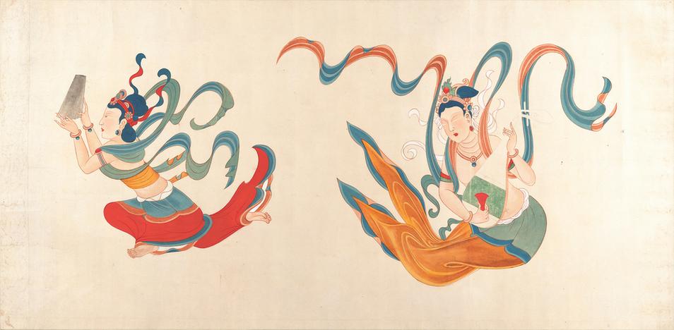 张大千临摹敦煌壁画晚唐伎乐菩萨二身像横批