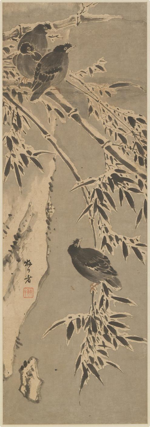 八哥雪竹图轴