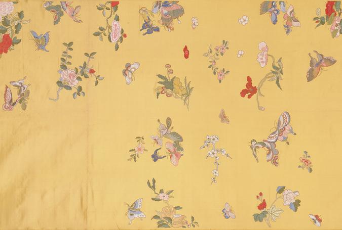 黄色折枝花蝶纹妆花缎衣料