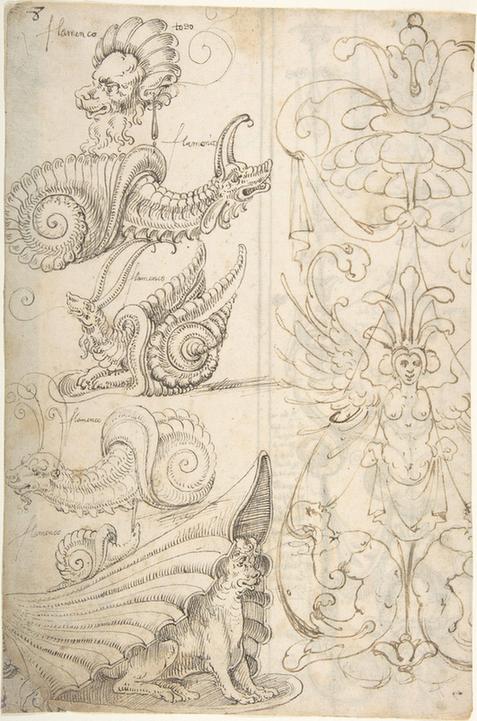 attributed to Andrés de Melgar--Grotesque at Right with Winged Female; and Lion Mask