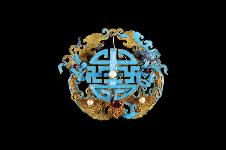 银镀金点翠嵌宝石蝠寿纹簪