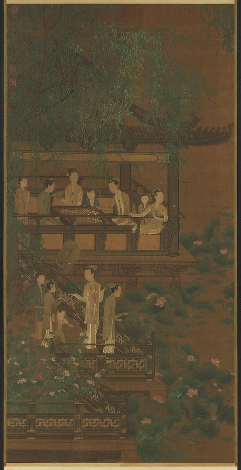 荷亭弈钓仕女图