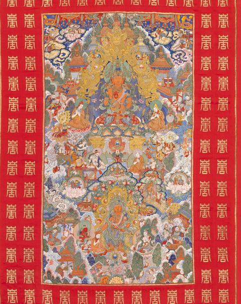 红色缎织金边绣观音像轴