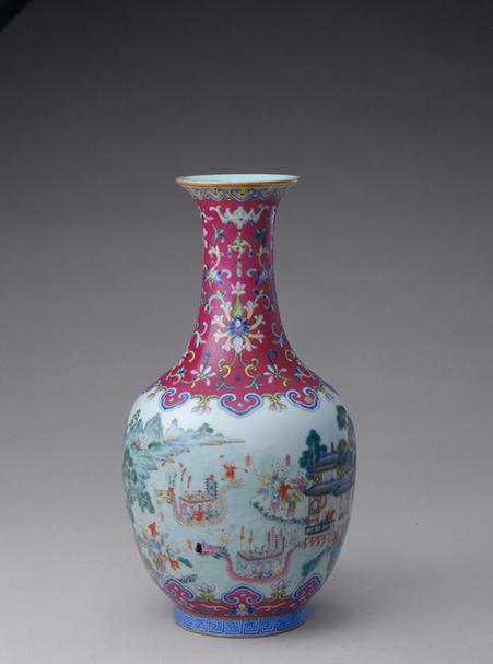 紫地粉彩开光百子图撇口瓶