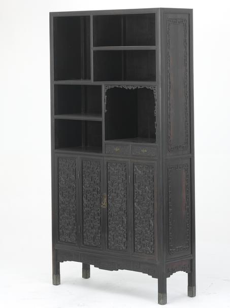 紫檀木雕博古纹铜包角柜格