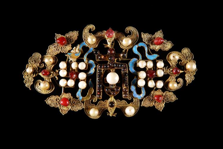 银镀金嵌宝石蝠寿纹簪