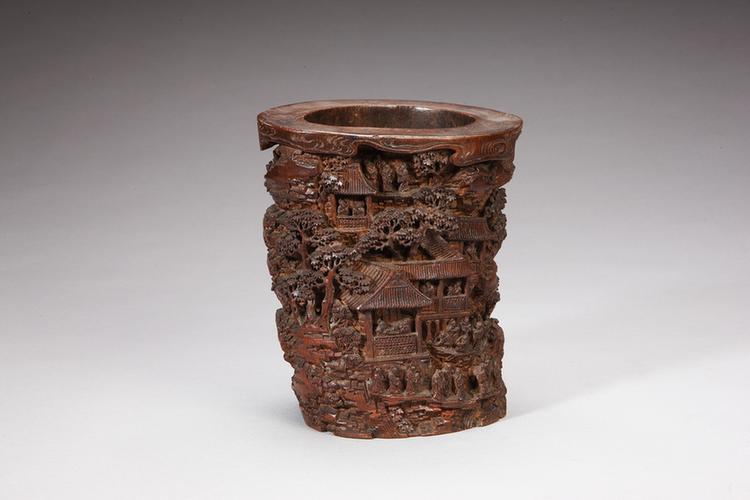 竹根雕仙山楼阁图笔筒