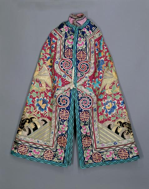 玫瑰紫色缎平金绣雉鸡牡丹纹钉广片二变斗蓬