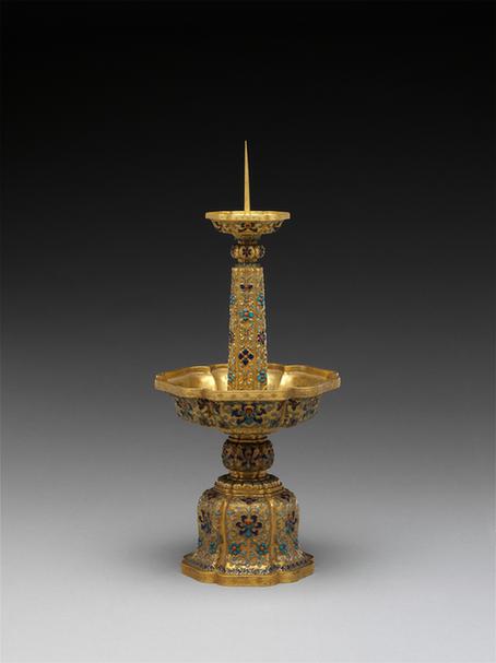 铜鎏金嵌玻璃五供-烛台