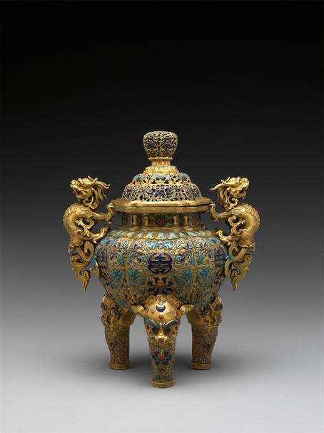 铜鎏金嵌玻璃五供-双耳三足盖炉