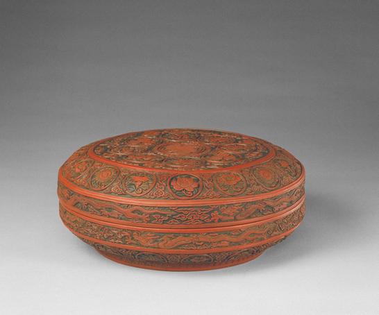 嘉靖款剔彩团寿花卉杂宝纹圆盒