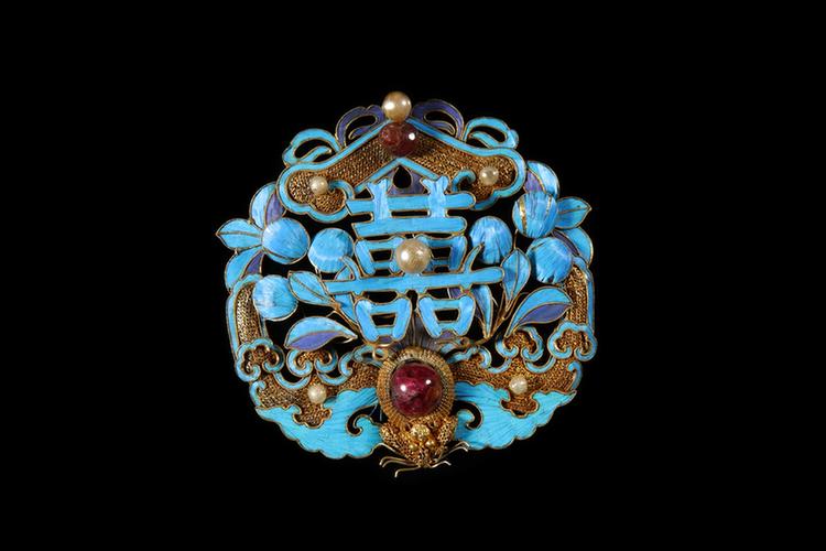 银镀金点翠嵌宝石双喜蝠磬纹簪