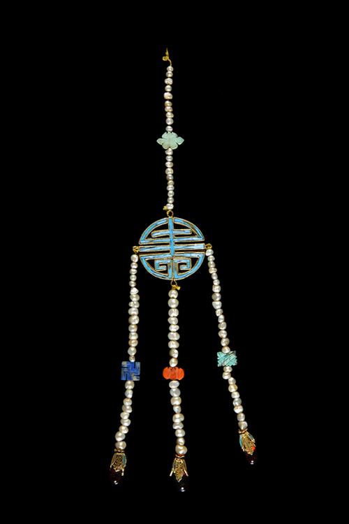 银镀金点翠穿珠寿字纹流苏