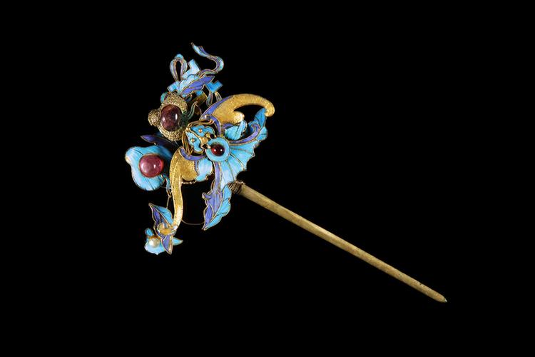 银镀金点翠嵌宝石蝠寿纹簪