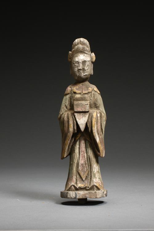 木雕彩绘拱手持物女立像