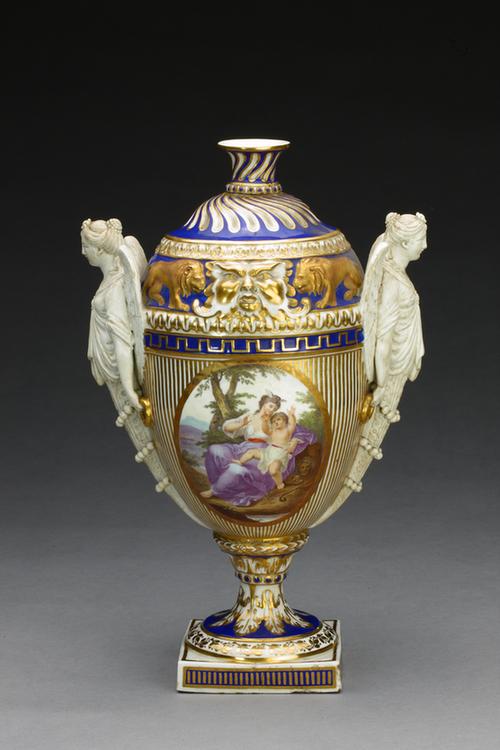 洋瓷彩花加金开光人物图双人耳瓶