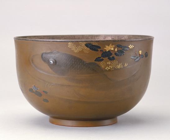 铜镶嵌金银荷莲双鱼纹圆碗