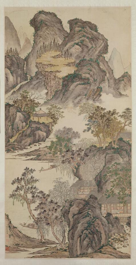 黄钺山溪放棹图轴