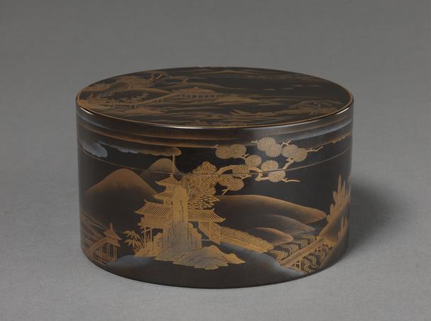 黑漆描金山水人物图盒