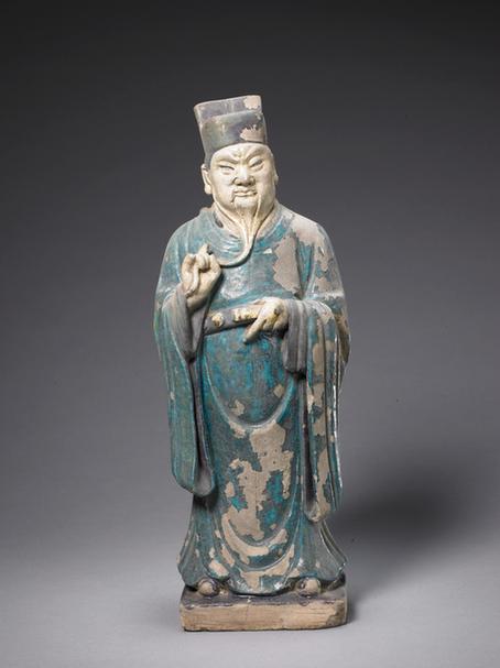 陶孔雀绿加紫釉文吏俑