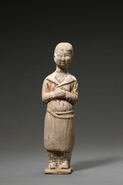 陶画彩拱手女立俑