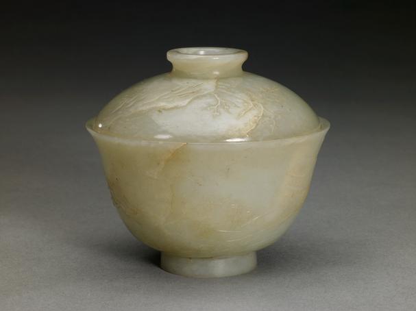 乾隆款青玉梅花书屋图盖碗