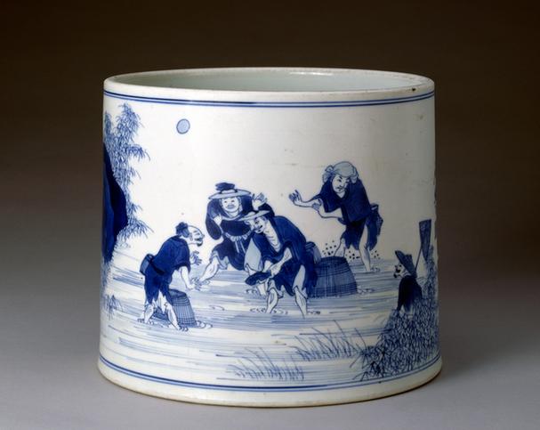 青花渔家乐图笔筒