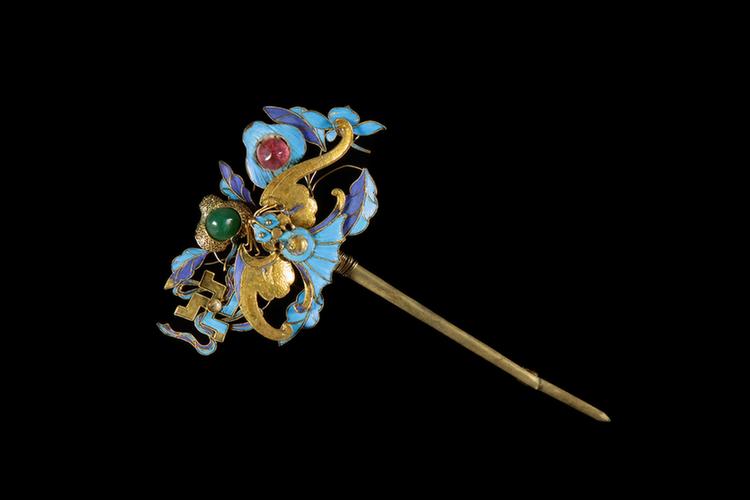 银镀金点翠嵌翠蝠寿纹簪