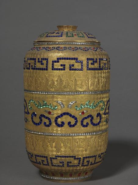 铜镀金嵌料石盖罐