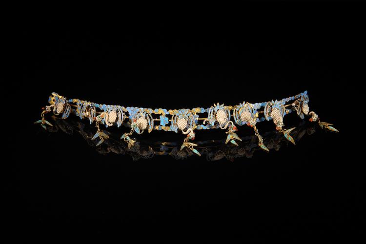 铜镀金点翠串米珠九凤纹钿口